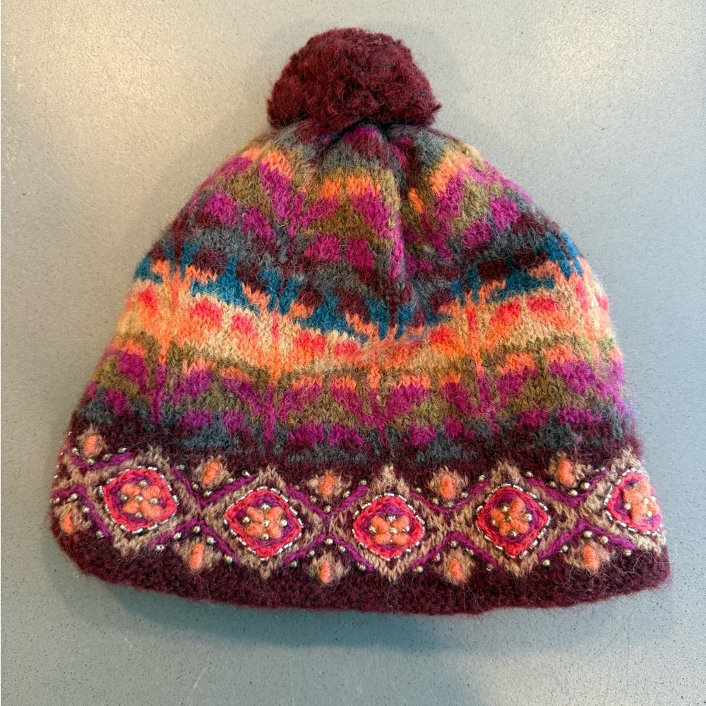 Colorful Lined Wool French Knot Knit Pom-Pom Beanie with Beading Detail
